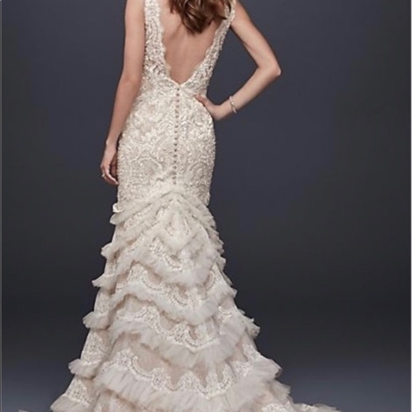 GALINA SIGNATURE Floral Ruffle Lace Beads Fit and Flare Wedding Maxi Dress Sz 0 - Picture 3 of 16